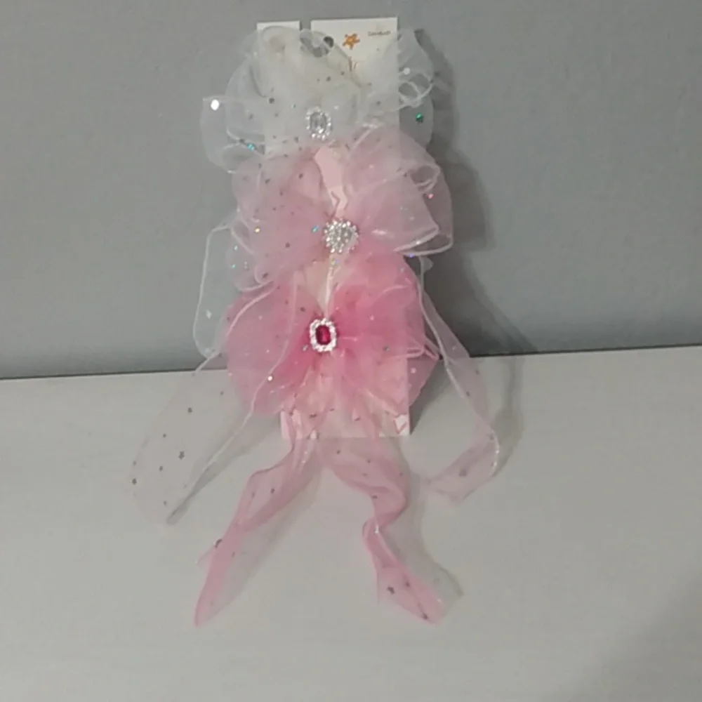 3 Pc.‎ Pink and White Sheer Hair Bow Clips With Rhinestones